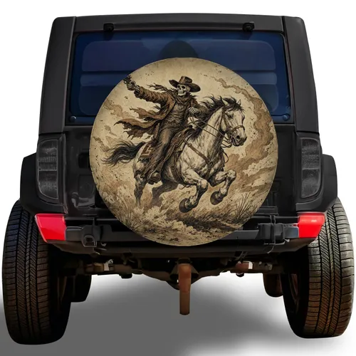 Vintage Skeleton Cowboy On Galloping Horse For Western Off Road Trail Adventure Fans Spare Tire Cover