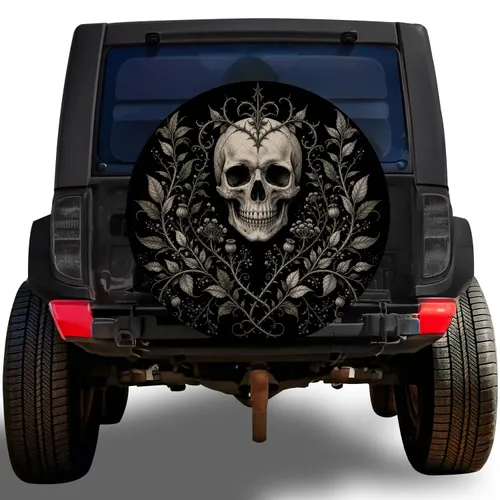 Gothic Skull And Thorny Vines For Dark Outdoor Adventure Vehicles And Hearse Fans Spare Tire Cover