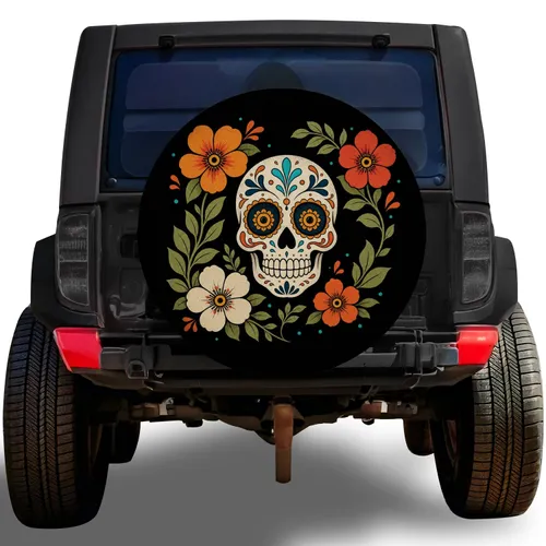Day Of The Dead Sugar Skull Floral Motif For SUV Adventure And Mexican Folk Decor Spare Tire Cover