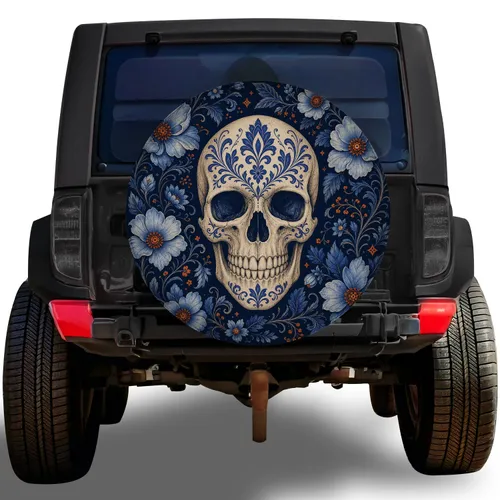 Vintage Floral Skull Gothic Road Trip Decor for Day Of The Dead Adventure Lovers Spare Tire Cover