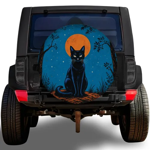 Black Cat And Orange Moon Night Sky For Halloween Camping And Gothic SUV Fans Spare Tire Cover