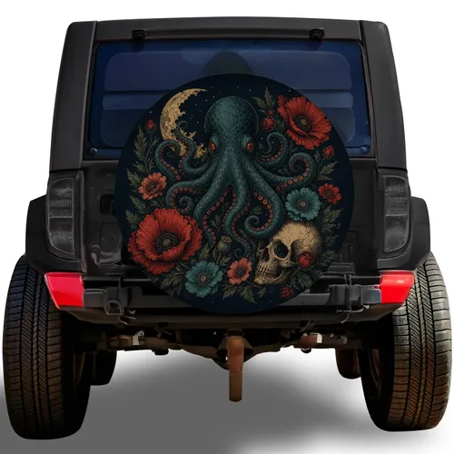 Gothic Octopus Skull And Poppies For Dark Ocean Style Vehicle And SUV Enthusiasts Spare Tire Cover