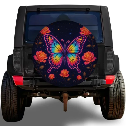 Neon Rainbow Butterfly And Glowing Roses For Midnight Garden Travel Lovers Spare Tire Cover