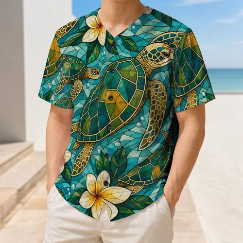 Sea Turtle and Tropical Flower Mosaic for Beach Vacations and Summer Sports Fans Baseball Jersey