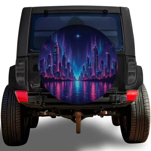 Neon Cyberpunk Waterfront City Nightscape For Synthwave Road Trips And Sci-Fi Fans Spare Tire Cover