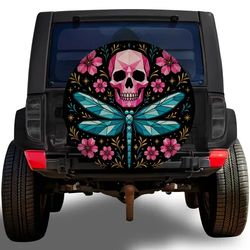 Pink Skull And Turquoise Dragonfly Folk Art For Boho Road Trips, Travel And Jeep Lovers Spare Tire Cover