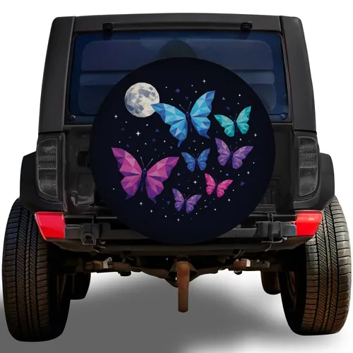 Colorful Low Poly Butterflies And Moon For Night Drives And Outdoor Adventure Lovers Spare Tire Cover