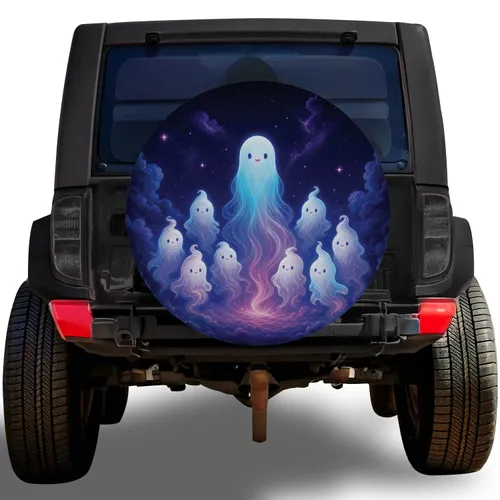 Nine Friendly Ghost Spirits Beneath Neon Stars for Stargazing Night Drive Lovers Spare Tire Cover