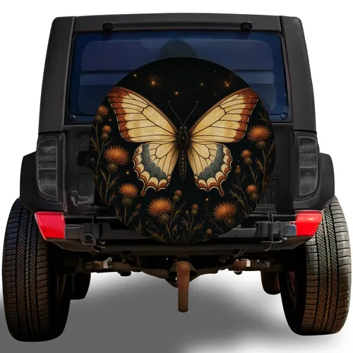 Golden Ivory Butterfly With Thistle Flowers For Nature Lovers And Boho Road Trips Spare Tire Cover