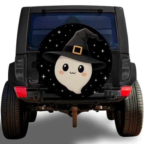 Cute Ghost With Witch Hat Starry Night Halloween Road Trip Style For Jeep Lovers Spare Tire Cover