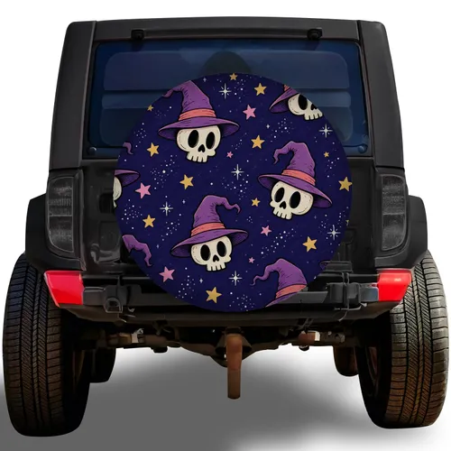 Witch Hat Skulls And Stars For Halloween Road Trips And Spooky Season Vehicle Fans Spare Tire Cover
