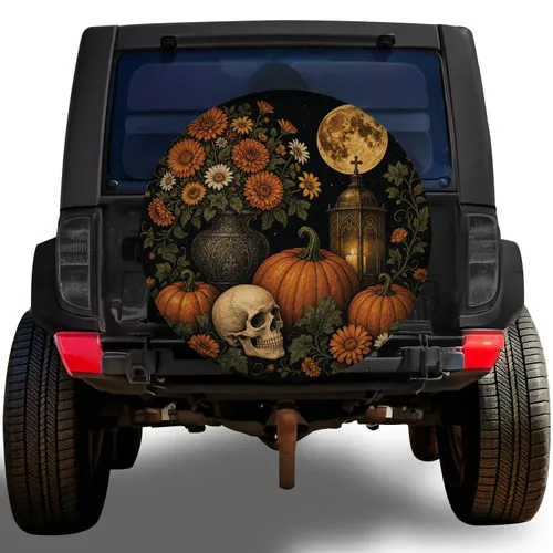 Gothic Harvest Moon Pumpkins And Skull For Halloween Off Road Autumn Travel Decor Spare Tire Cover