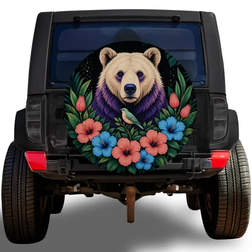 Indigo Bear With Tropical Flowers For Jungle Road Trips And Wildlife Enthusiasts Spare Tire Cover