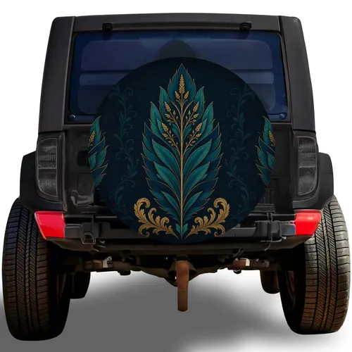 Vintage Teal And Antique Gold Botanical Feather Motif For Elegant SUV And RV Travel Spare Tire Cover