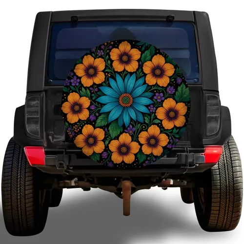 Turquoise Daisy And Orange Wildflowers For Boho Road Trips And Outdoor Adventures Spare Tire Cover