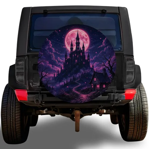 Gothic Pink Moon Castle Night Scene For Halloween Road Trips And Fantasy Story Lovers Spare Tire Cover