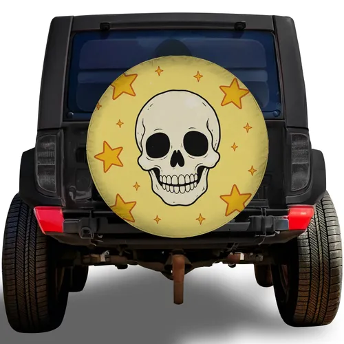 Smiling Celestial Skull And Golden Stars For Spooky Road Trips And Halloween Drivers Spare Tire Cover