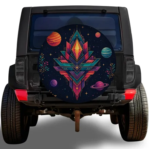 Celestial Art Deco Geometric Planets For Retro Futurist Road Trip Adventure Lovers Spare Tire Cover