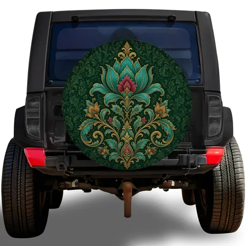 Emerald Lotus And Gold Acanthus Motif For Elegant Vintage Road Travel Enthusiasts Spare Tire Cover