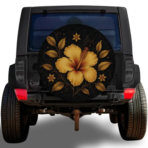 Golden Hibiscus Flower Vintage Damask Botanical For SUV Off Road Adventure Style Spare Tire Cover