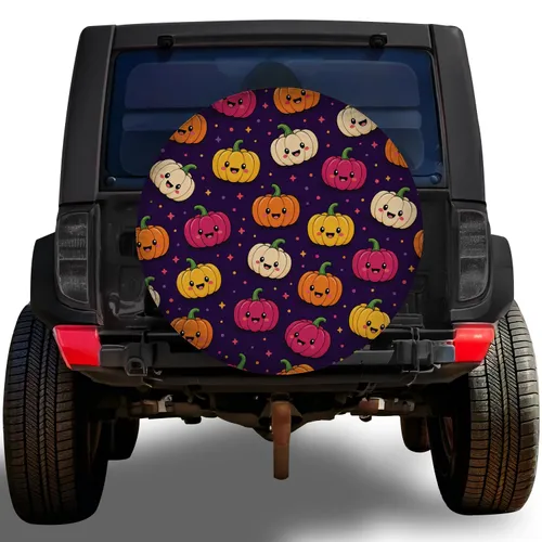 Cute Colorful Smiling Pumpkins for Halloween SUV Decor and Autumn Road Trip Fun Spare Tire Cover