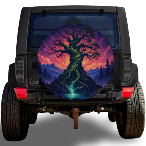 Ancient Tree Of Life Fantasy Neon Sunset For Outdoor Adventure Road Trip Enthusiasts Spare Tire Cover