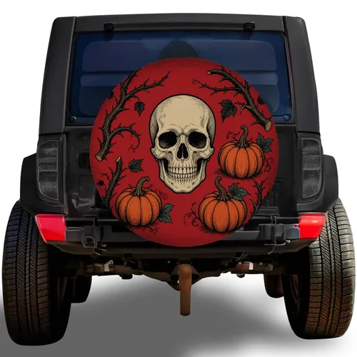 Gothic Skull And Pumpkins Halloween Decor For Jeep SUV Truck Off Road Enthusiasts Spare Tire Cover