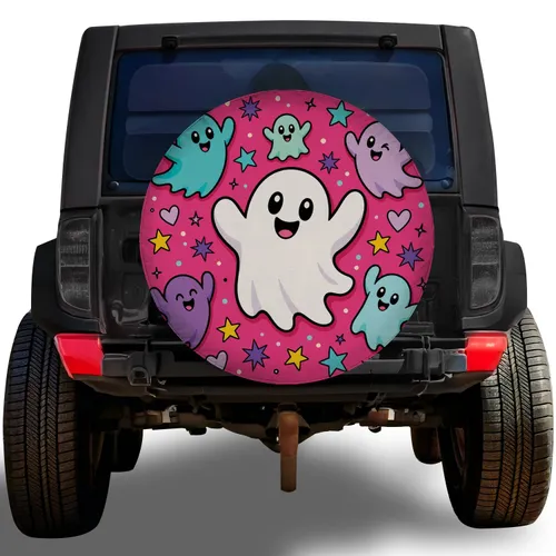 Cute Pink Ghosts And Stars For Halloween Road Trips, Campers, And Spooky Cute Style Spare Tire Cover