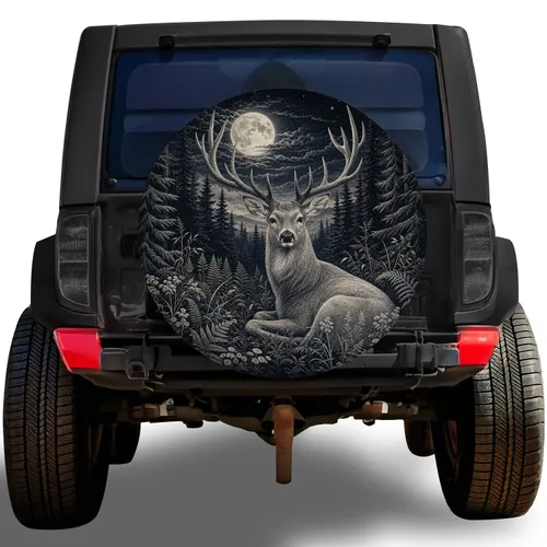 Moonlit Stag Forest Scene For Rustic Camping And Outdoor Adventure Road Vehicles Spare Tire Cover