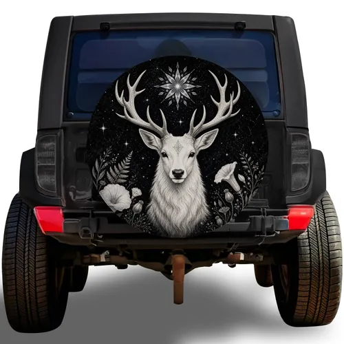 White Stag Celestial Moonflower Art For Gothic Nature Lovers And Night Road Trips Spare Tire Cover