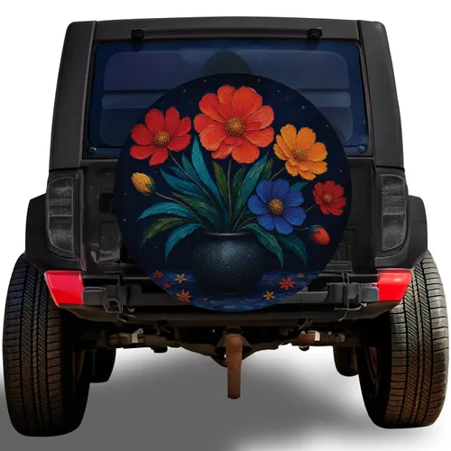 Midnight Navy Floral Bouquet Folk Art for Boho Road Trips and Adventure Travel Lovers Spare Tire Cover