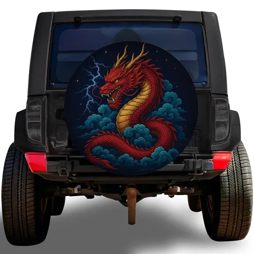 Crimson Eastern Dragon Storm Clouds For Jeep SUV Adventure Fantasy Vehicle Style Spare Tire Cover