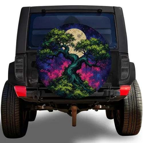 Ancient Tree Moon Forest Neon Night Art For Camping And Off Road SUV Drivers Spare Tire Cover