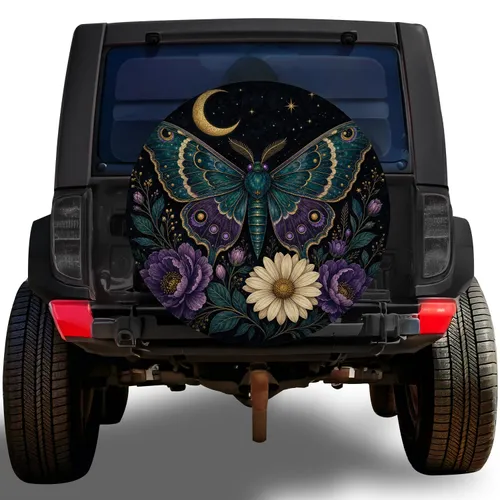 Celestial Teal Moth And Purple Flowers For Moonlit Road Trip Adventure Enthusiasts Spare Tire Cover