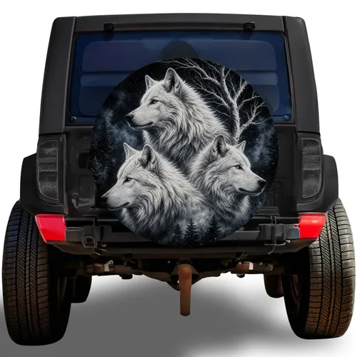 Three White Wolves Moonlit Forest Wildlife Scene for SUV Off Road Adventure Lovers Spare Tire Cover