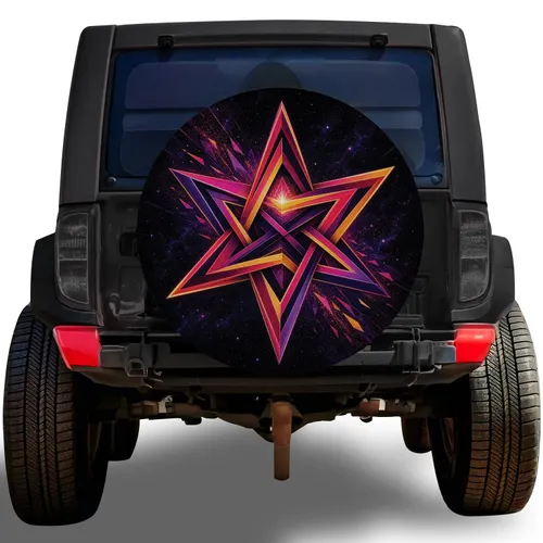 Neon Geometric Six Point Star for Retro-Futurist Night Driving and Cosmic Travelers Spare Tire Cover