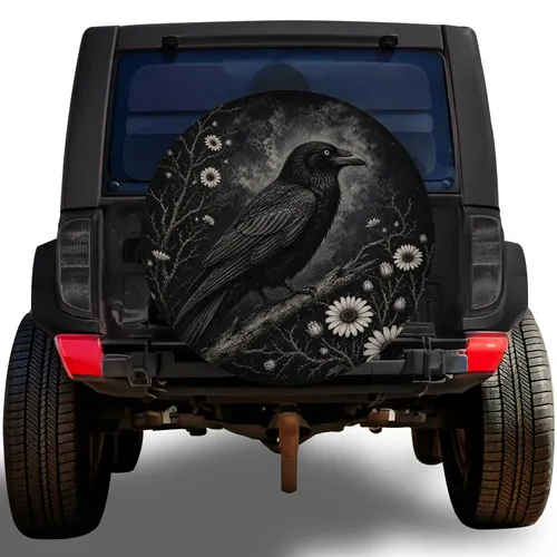 Moonlit Raven And Daisy Gothic Woodland For Dark Nature Lovers And Adventure Vehicles Spare Tire Cover