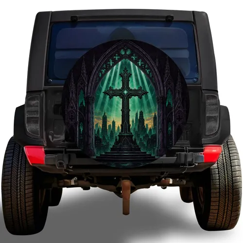 Gothic Cathedral Cross Neon Cityscape For Dark Fantasy Jeep And SUV Adventure Drivers Spare Tire Cover