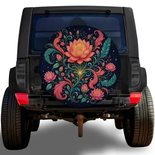 Celestial Lotus And Flamingo Floral Mandala For Mystic Road Trips And SUV Drivers Spare Tire Cover