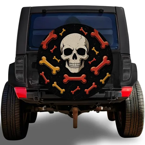 Pirate Goth Skull With Red And Yellow Bones For Halloween Off Road Adventure Lovers Spare Tire Cover