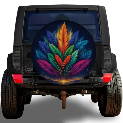Colorful Feather Bouquet With Sunrise For Boho Adventure Travelers And Outdoor Style Spare Tire Cover