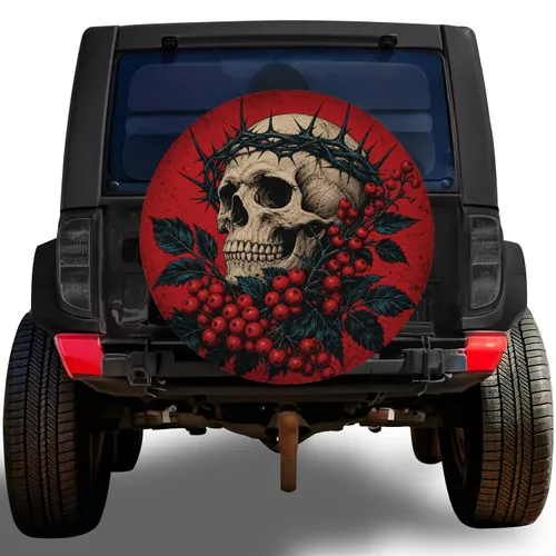 Gothic Skull Thorn Crown With Red Berries For Dark Alternative Off Road Adventure Style Spare Tire Cover