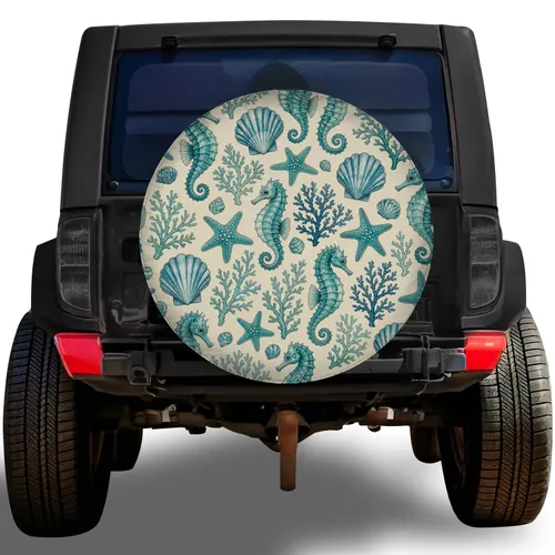 Coastal Seahorse And Shell Ocean Life For Beach RV Camping, Trailers And Nautical Travel Spare Tire Cover