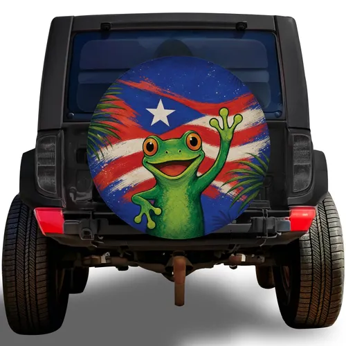 Cheerful Waving Tree Frog Puerto Rican Flag Island Travel Camping Style for RV SUV Spare Tire Cover