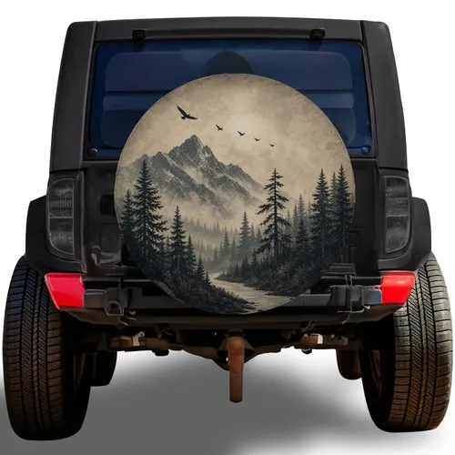 Misty Mountain Forest Moon And Birds For Jeep RV Camper Outdoor Adventure Travel Spare Tire Cover