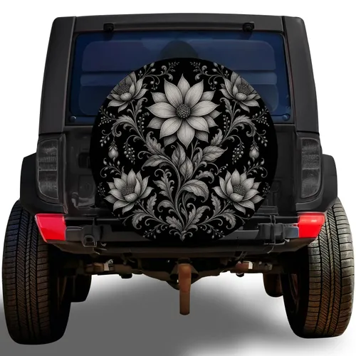 Monochrome Silver Botanical Floral Ornament For Boho RV Camping And Road Trip Style Spare Tire Cover