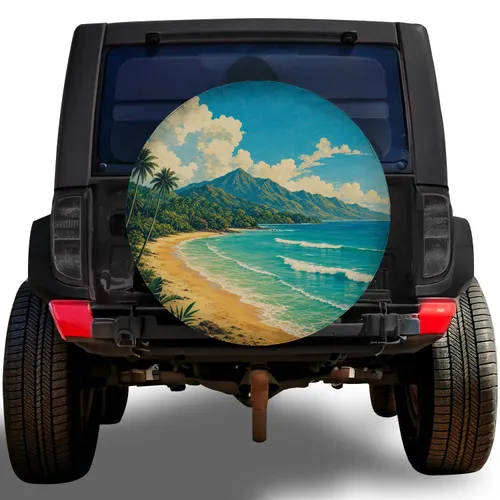 Vintage Tropical Coastline Beach Scene For Jeep RV Camping And Outdoor Travel Adventures Spare Tire Cover