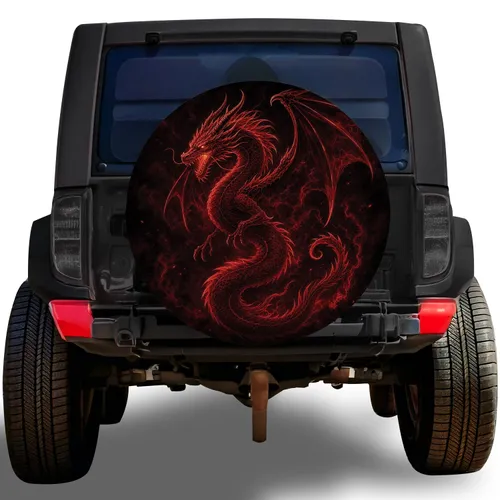 Red Neon Dragon Dark Fantasy Gothic Style For RV Camping Adventure Vehicle Owners Spare Tire Cover