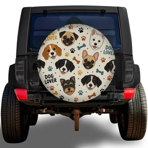 Hand Drawn Dog Faces, Paws And Bones For Pet Lovers Jeep SUV Road Trip Adventures Spare Tire Cover