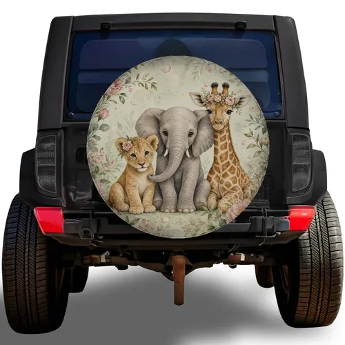 Floral Baby Safari Animals For Nursery Style RV Travel And Family Camping Adventures Spare Tire Cover